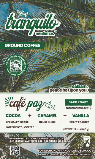 Café Paz dark roast house blend ground coffee, 12 oz bag front label