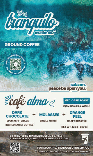 Café Alma single-origin Bali Blue ground coffee, medium-dark roast, 12 oz bag front label