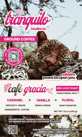 Café Gracia single-origin Ethiopian ground coffee, medium-light roast, 12 oz bag front label