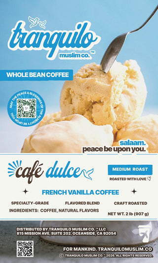 Café Dulce French vanilla whole bean coffee, medium roast, bag front label