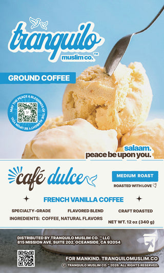 Café Dulce French vanilla ground coffee, medium roast, 12 oz bag front label